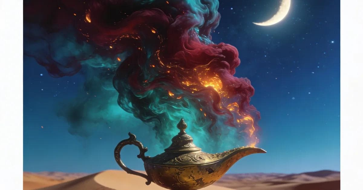 تفسير حلم الجن في جو غامض وسينمائي، يرمز إلى القوى غير المرئية والتحديات الروحية.