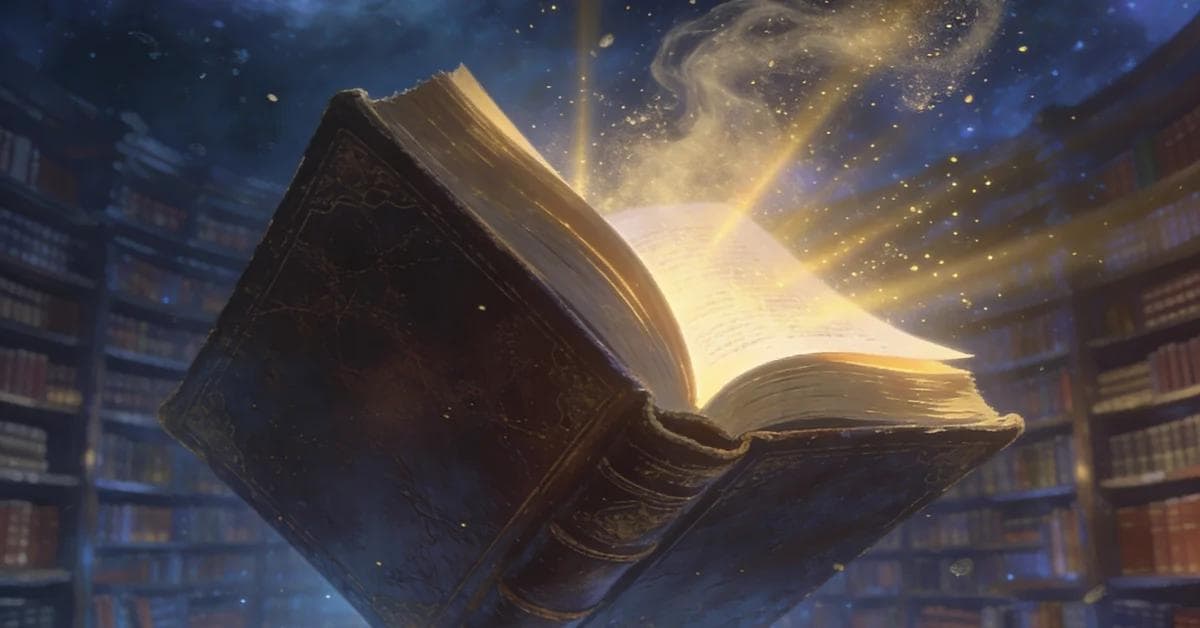 تفسير حلم الكتاب في أجواء سينمائية غامضة، يرمز إلى الحكمة واكتساب المعرفة.