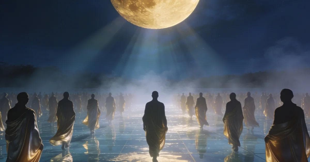 Dream interpretation of Crowd depicted in a cinematic mystical atmosphere, symbolizing anonymity or social anxiety.