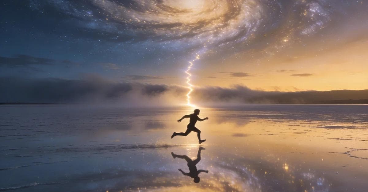 Dream interpretation of running depicted in a cinematic mystical atmosphere, symbolizing the pursuit of goals or escaping life's pressures.