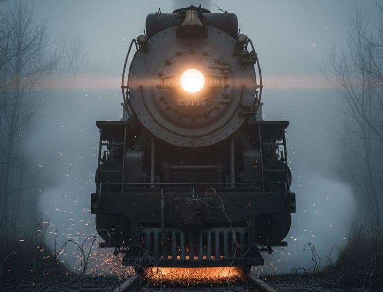 Interprétation des rêves de Train dépeint dans une ambiance cinématique mystique, symbolisant le progrès et le destin tracé.