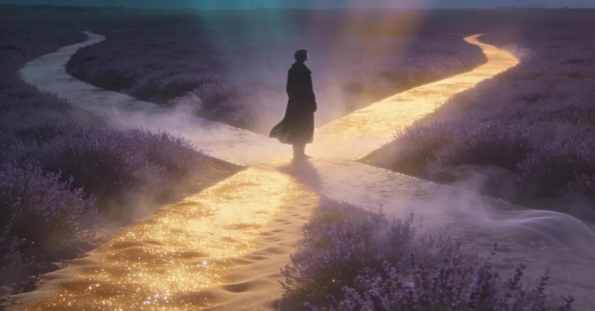 Dream interpretation of Crossroads depicted in a cinematic mystical atmosphere, symbolizing life choices and destiny.