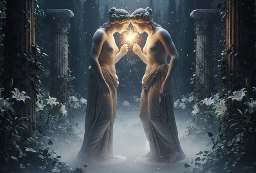 Dream interpretation of Kiss depicted in a cinematic mystical atmosphere, symbolizing deep love or reconciliation.