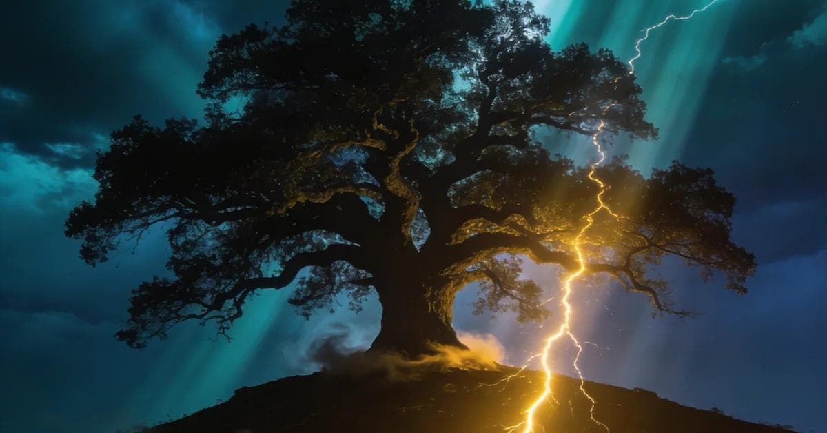 雷の夢占い:神秘的で映画のような雰囲気の中で描かれ、直感的なひらめきや劇的な変化を象徴しています。