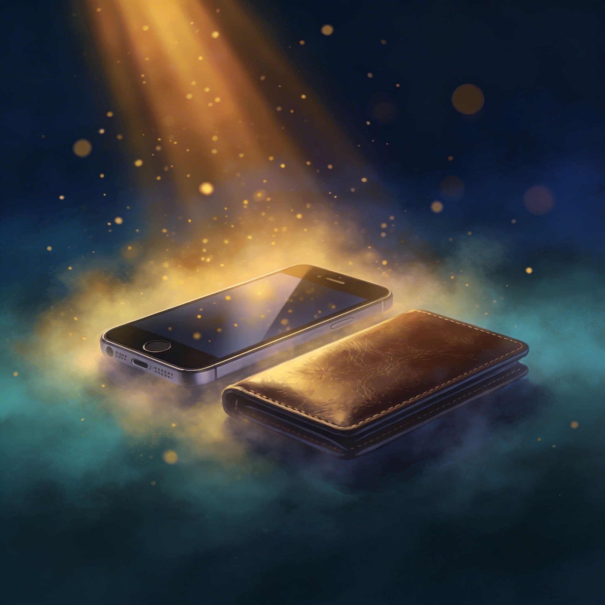 Smartphone and wallet dissolving into light particles, losing phone dream meaning