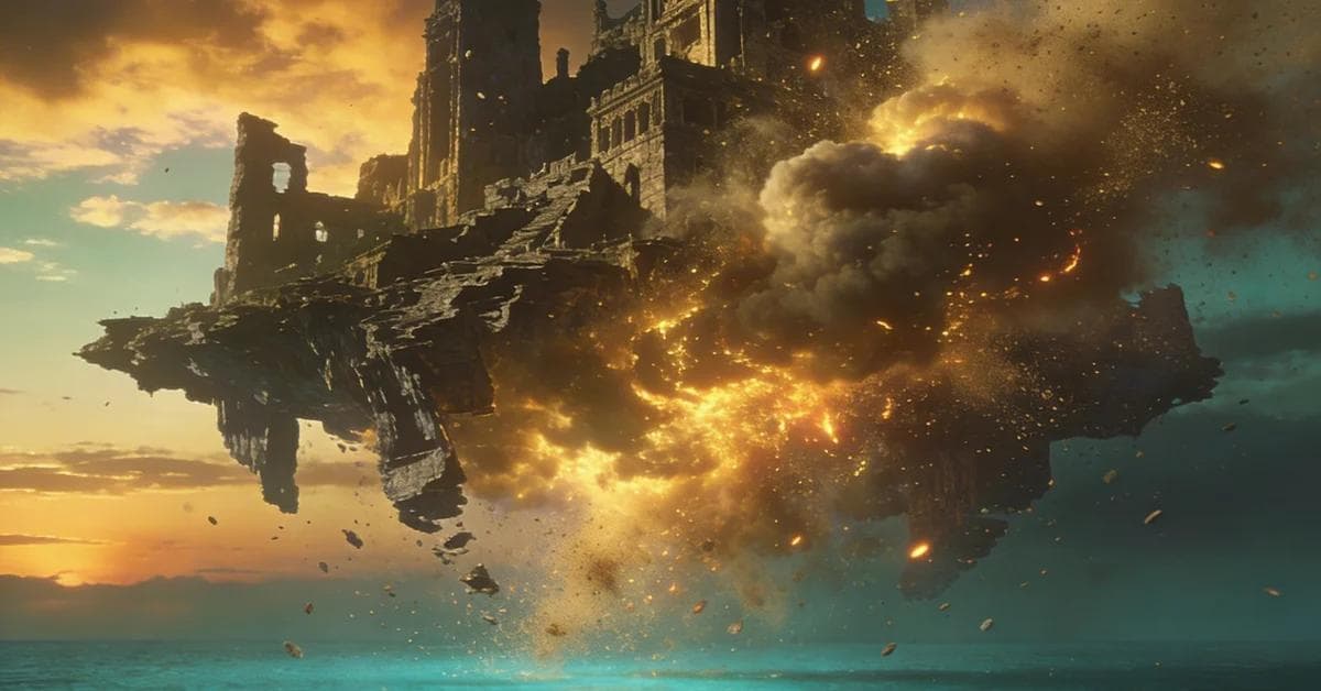 Dream interpretation of destruction depicted in a cinematic mystical atmosphere, symbolizing the collapse of the old and spiritual renewal.