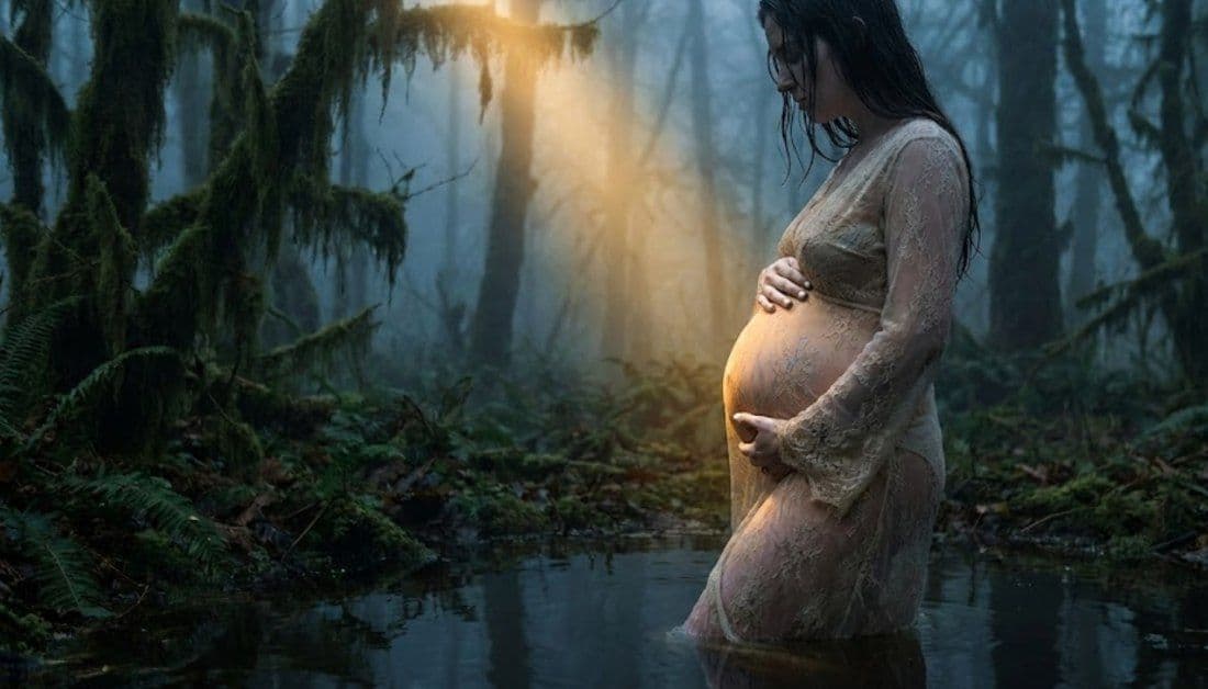 Dream interpretation of Pregnancy depicted in a cinematic mystical atmosphere, symbolizing creativity and fulfillment.