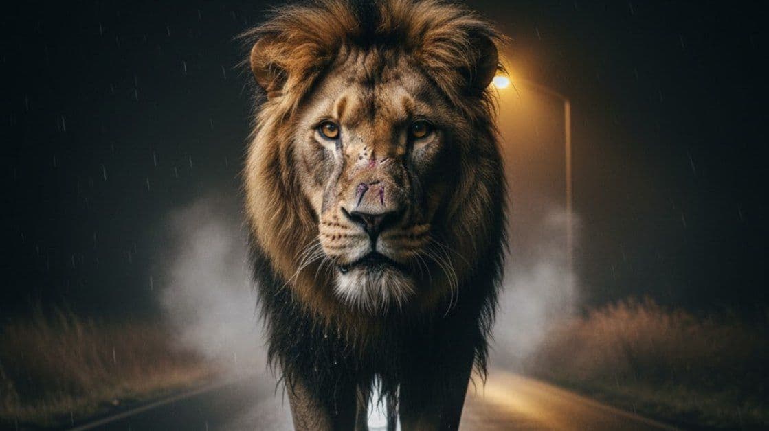Dream interpretation of Lion depicted in a cinematic mystical atmosphere, symbolizing inner strength.