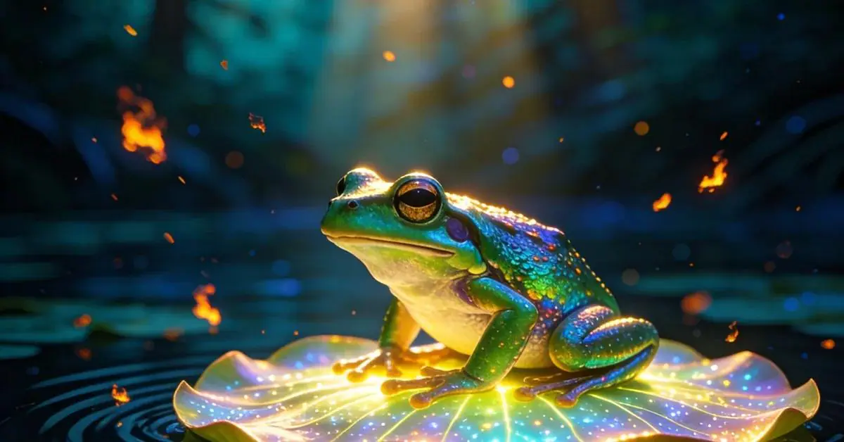 Dream interpretation of Frog depicted in a cinematic mystical atmosphere, symbolizing fertility and personal evolution.