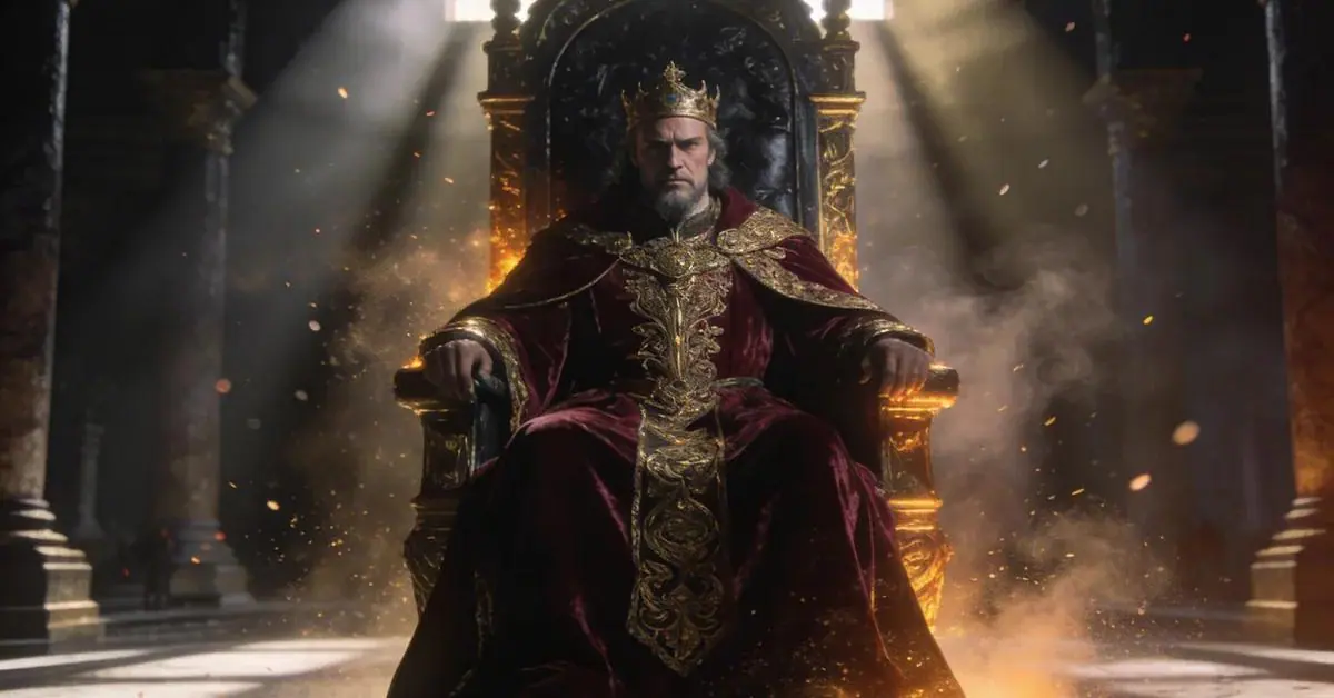 Dream interpretation of King depicted in a cinematic mystical atmosphere, symbolizing leadership and inner sovereignty.