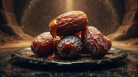تفسير حلم التمر في جو غامض وسينمائي، يرمز إلى البركة في الرزق والنمو الروحي.