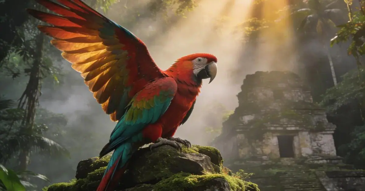 Dream interpretation of Parrot depicted in a cinematic mystical atmosphere, symbolizing mimicry and messengers.