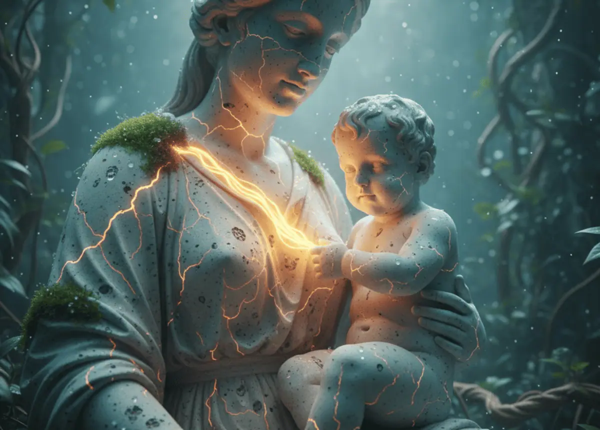 Dream interpretation of Breastfeeding depicted in a cinematic mystical atmosphere, symbolizing nurturing and protection.