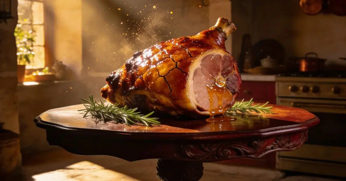 Dream interpretation of pork depicted in a cinematic mystical atmosphere, symbolizing forbidden gain or inner conflict.