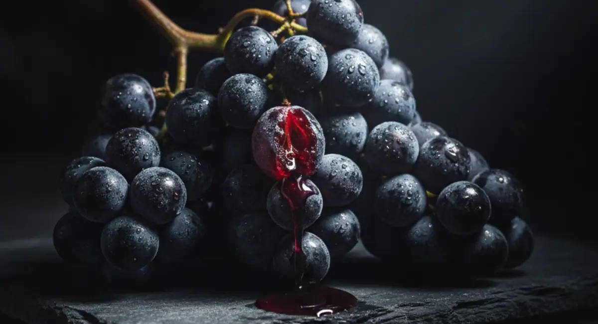 Dream interpretation of Grapes depicted in a cinematic mystical atmosphere, symbolizing harvest, fertility, and spiritual wealth.