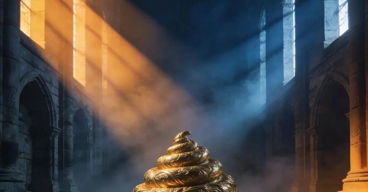 Dream interpretation of feces depicted in a cinematic mystical atmosphere, symbolizing the release of burdens and material gain.