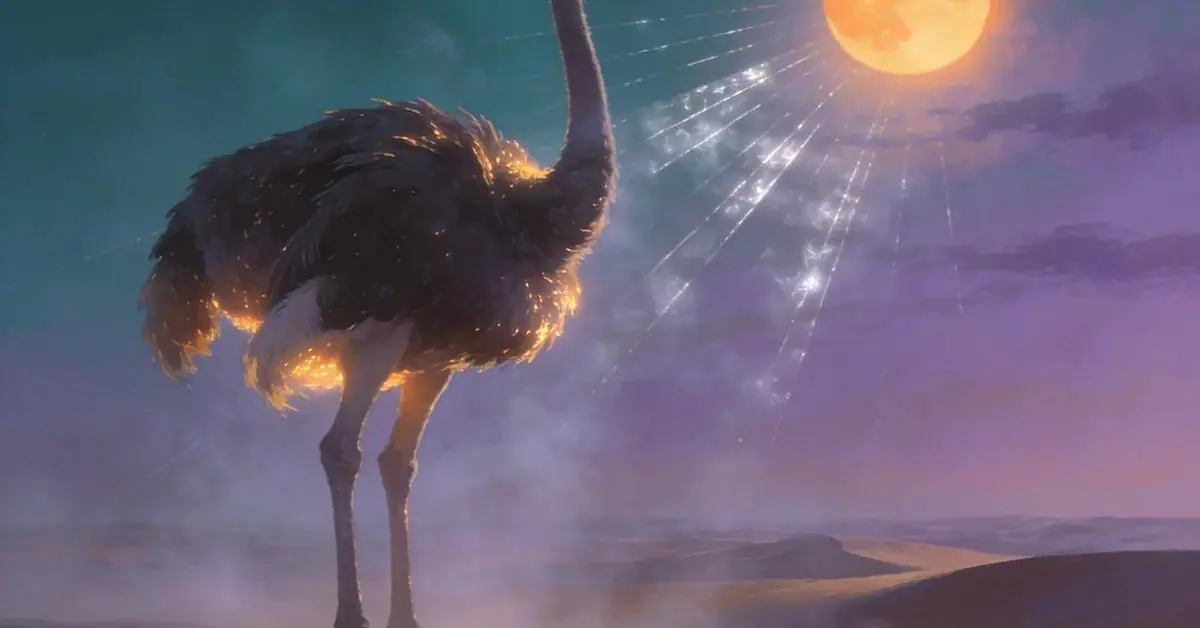 Dream interpretation of Ostrich depicted in a cinematic mystical atmosphere, symbolizing prosperity and personal strength.