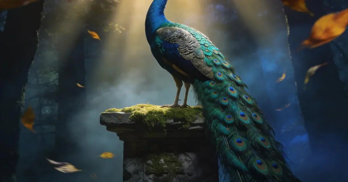 Dream interpretation of Peacock in a cinematic mystical atmosphere, symbolizing transformation and immortality.