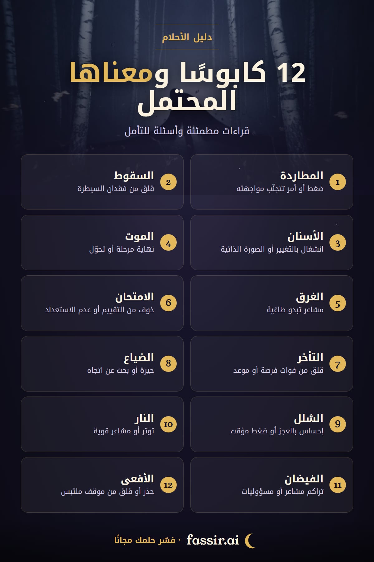 12 كابوسًا ومعناها المحتمل — المطاردة, السقوط, الأسنان, الموت, الغرق, الامتحان, التأخر, الضياع, الشلل, النار, الفيضان, الأفعى