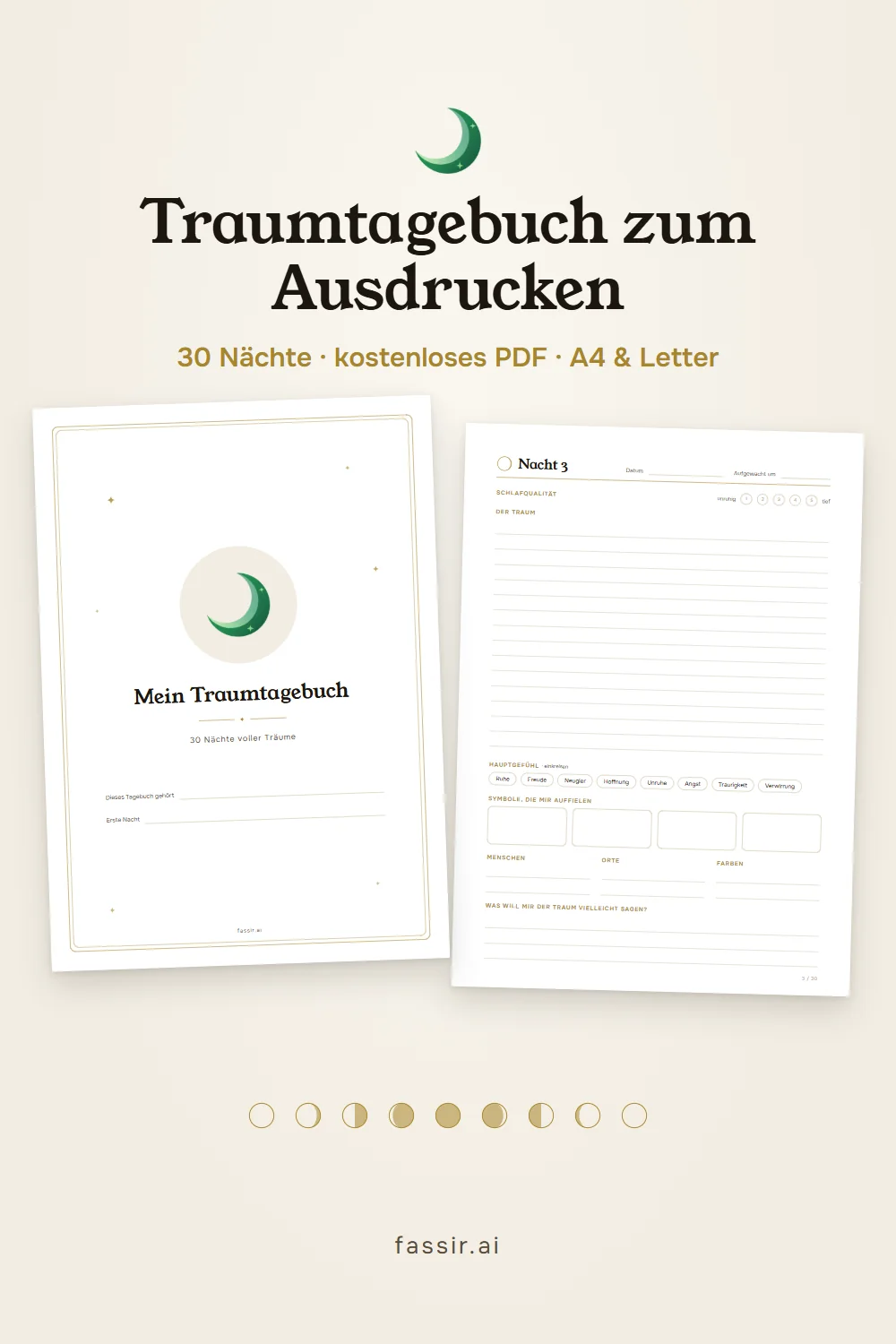 Vorschau des Traumtagebuchs zum Ausdrucken: Deckblatt und eine Nachtseite